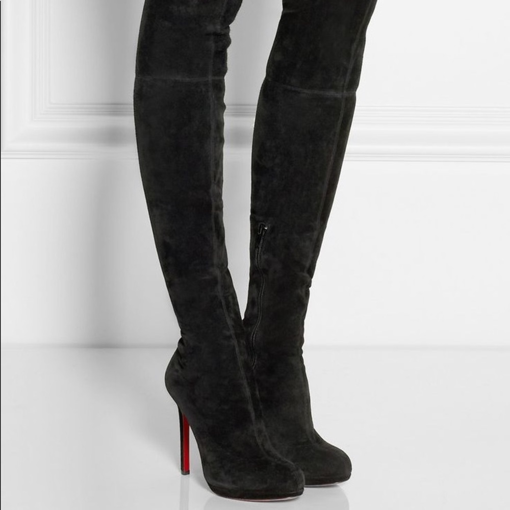Christian Louboutin Thigh High Suede Black Heel Boots